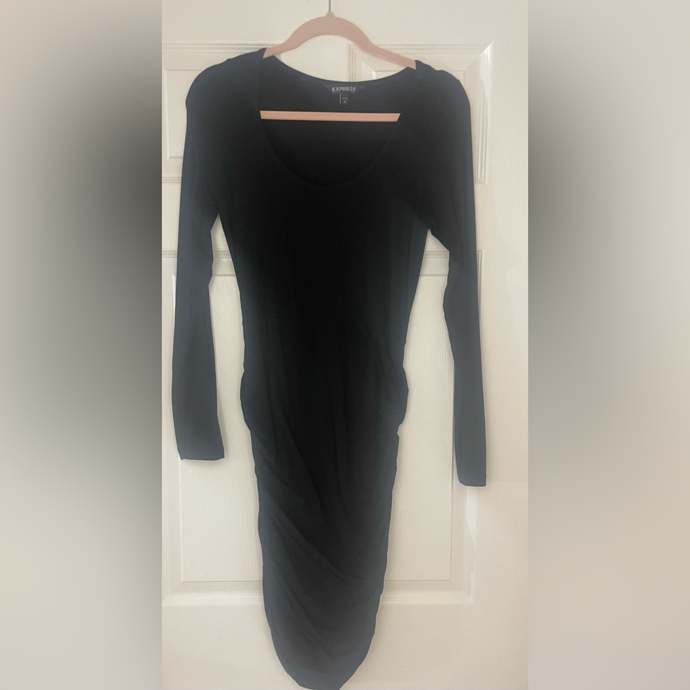 Express Long Sleeve Basic Black Mini Dress with Side Ruching Detail - Picture 1 of 5